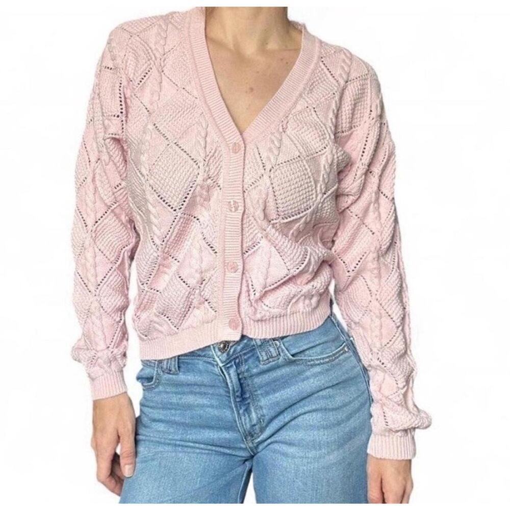 Vintage 90s Women’s Pink Diamond Cable Knit 100% Cotton Cardigan Sweater Size L